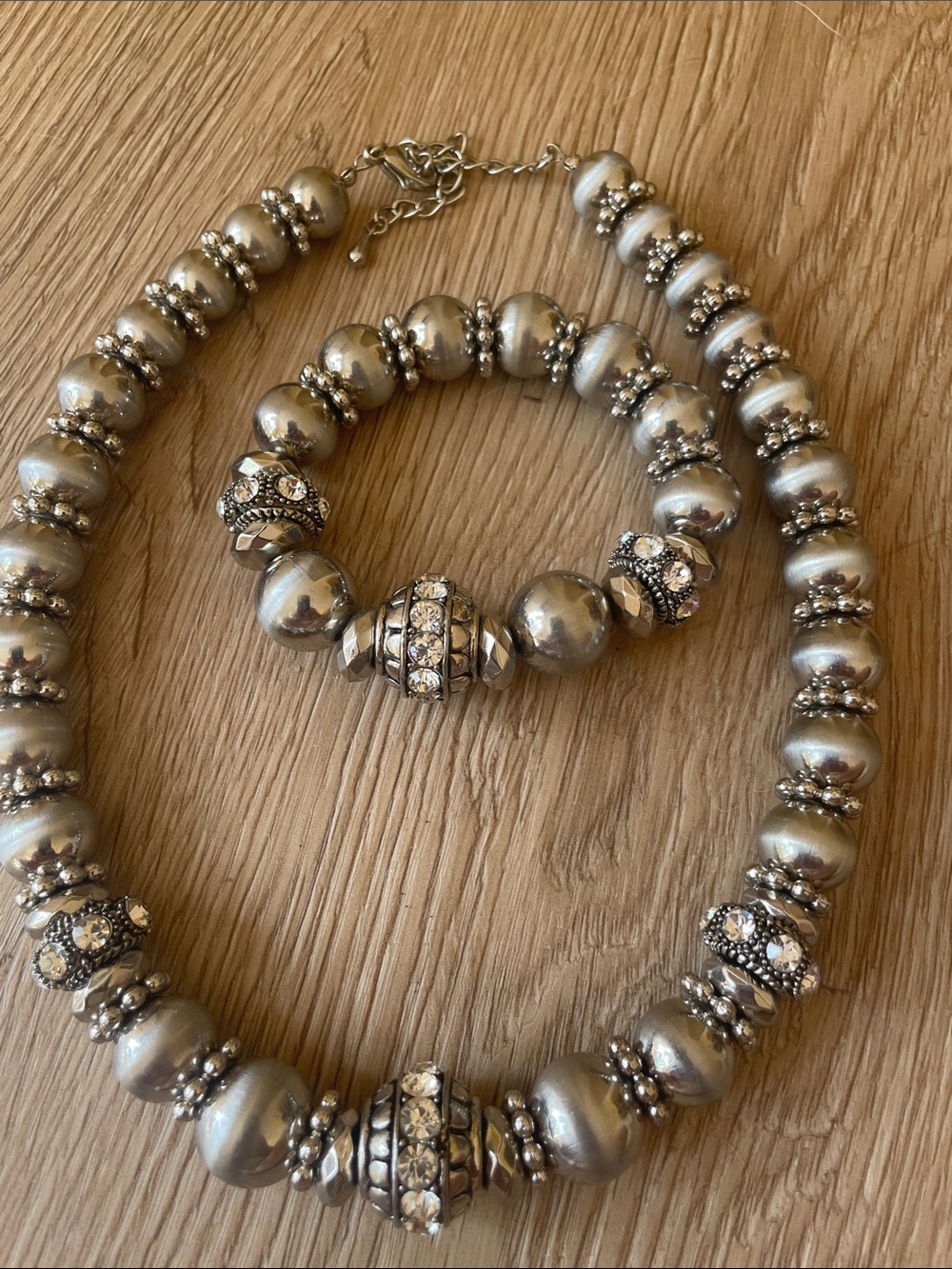 Rhinestone-Accented Silver Bead Necklace and Bracelet Set